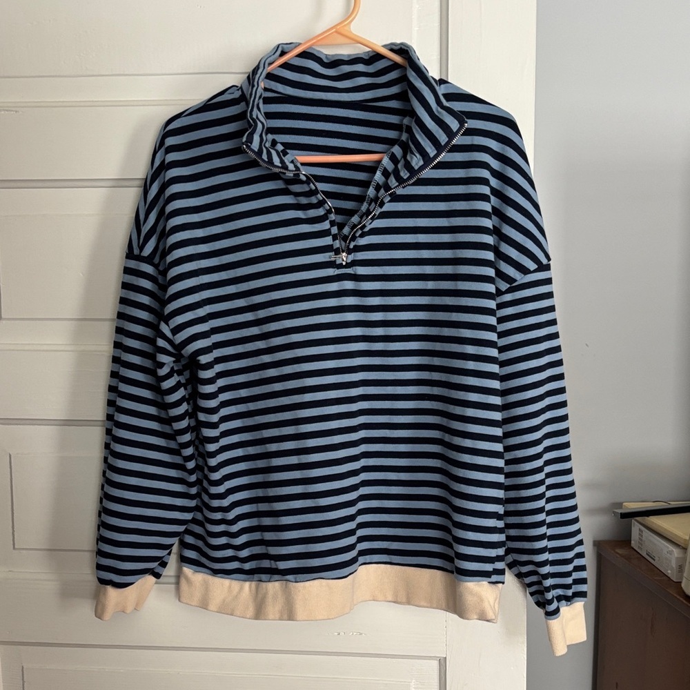 Navy and Cream Striped Quarters Zip Pullover